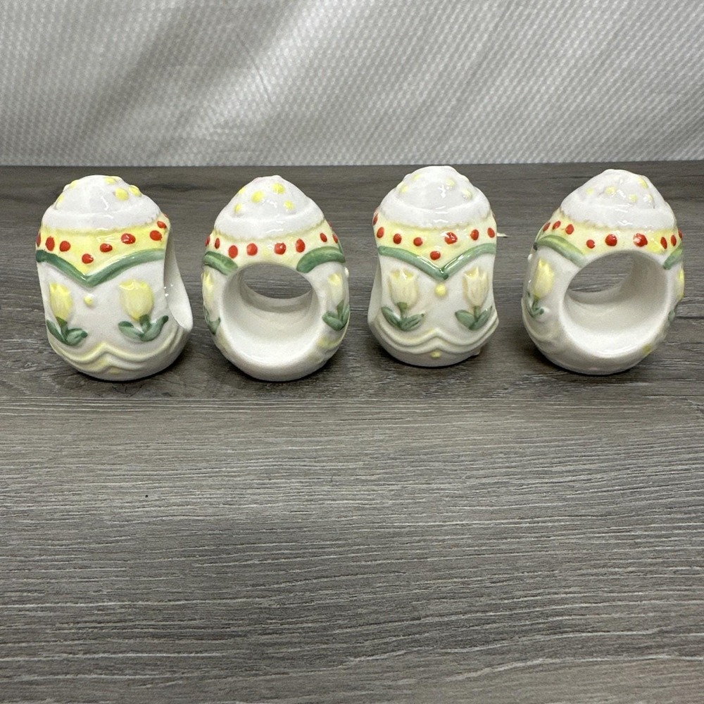 Vintage Ceramic Easter Egg Napkin Rings Red, Yellow, Green Set Of 4 Ceramic